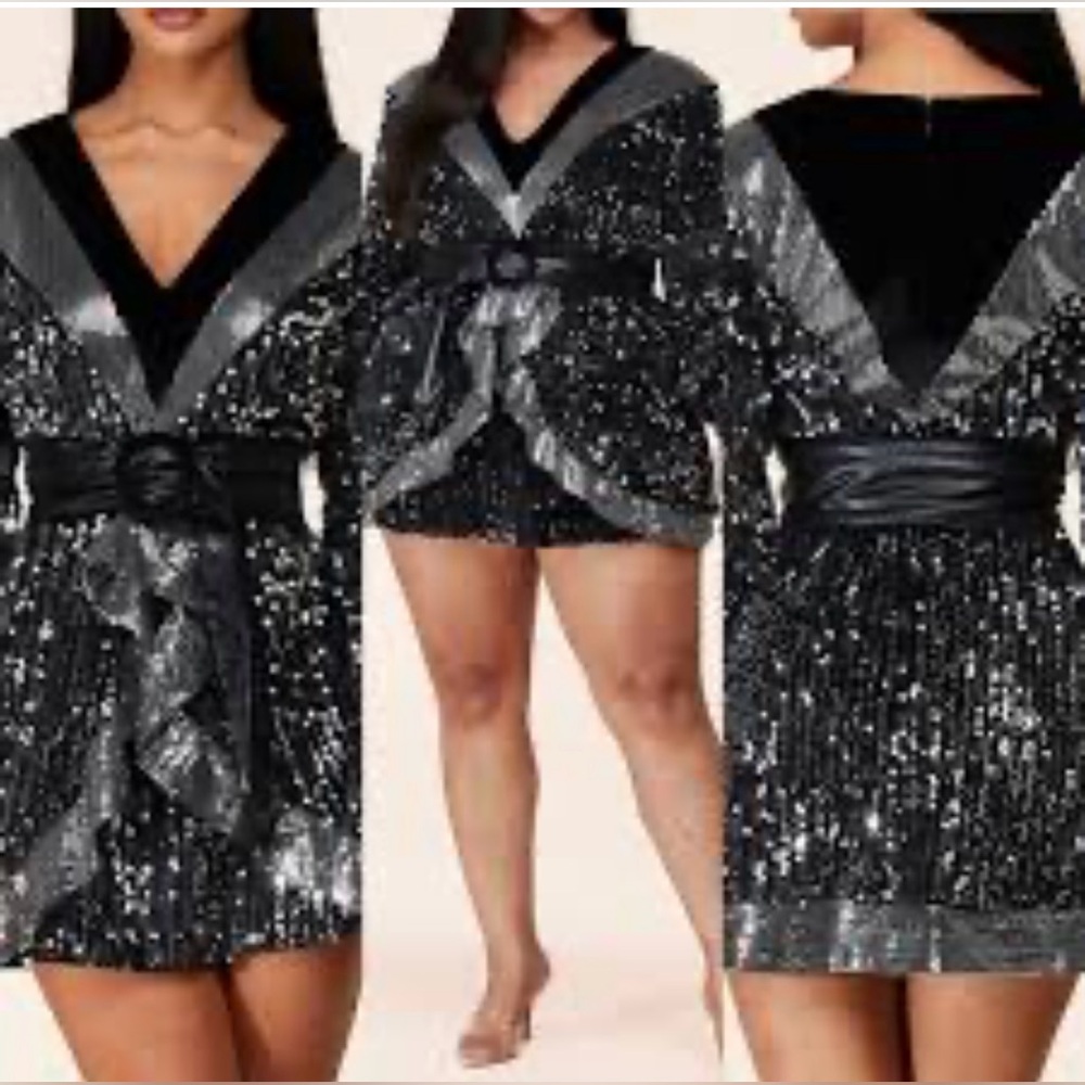 1x Black and Silver Sequin Dress with Belt